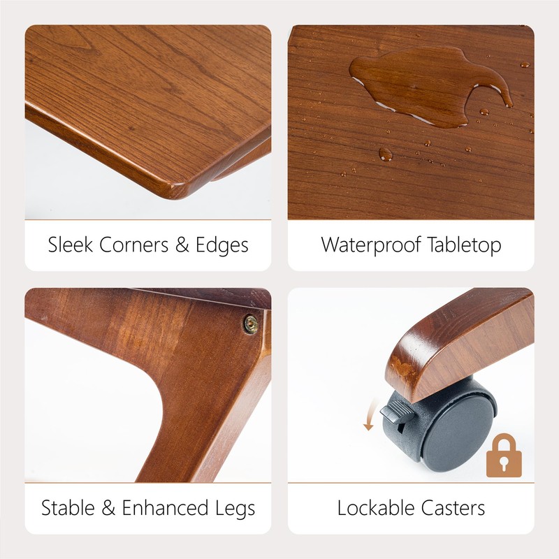 FLYJOE TV Tray Table with Casters, Solid Rubberwood End Tables,