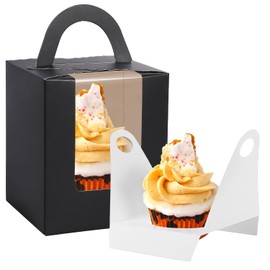 JCD 70Pcs Black Portable Cupcake Boxes Individual with Handle,Individual Cupcake Carrier with window and Insert Muffins Cupcake Carriers Holder Cookie, Dessert, Donuts, Cupcakes(Black/70Pcs)