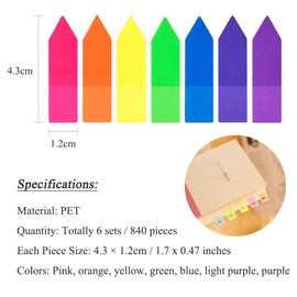 KYVIAUM 840 Pieces Colored Page Markers Sticky, 7 Color Index Tabs Labels Sticky Notes Flags Page Makers, Fluorescent Page Markers, 6 Sets