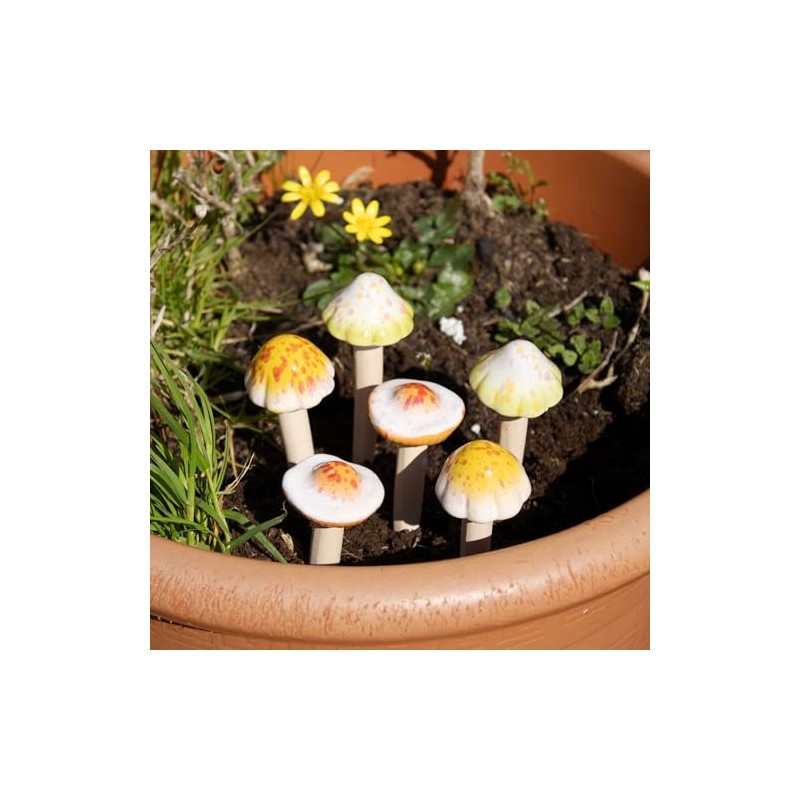 Set Of 6 Ceramic Toadstool Stakes Mini Garden Mushroom Pot
