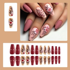 24 Pcs Winter Press on Nails Medium Short Square Coffin SHANRUN Spring Red Fake Nails Press ons Nail Tips Glue on Nails Full Cover Artificial Acrylic False Nails Nail Art with Embossed Flower Design