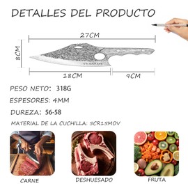 Cuchillos de Chef,Yeeclot Cuchillo de Cocina Forjado a Mano Vikingos de Carnicero Full Tang Cuchillos de Cocina Cortar Carne Cuchillo Deshuesador