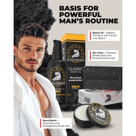Bossman Starter Beard Kit for Men – Beard Oil (2 oz), Beard Balm & Bar Soap – Natural & Organic Grooming Kit – Made in the USA (Gold Scent)