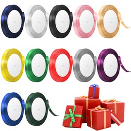 Satin Ribbon, 12 Rolls 10mm x 22m - Ribbons for Gift Wrapping, Suitable for DIY Crafts, Balloons, Bows, Wedding Party Decorations, Hair Clip Production of Solid Color Ribbons