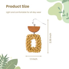 TAPHOA Rattan Earrings for Women – Handmade Lightweight Boho Drop Dangle Earrings, Natural Straw Statement Vacation Accessories in Multiple Colors & Styles (Rectangle Drop Earrings)