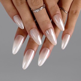 HOSAILY Press on Nails Almond Medium, Mirror White Chrome Glossy Glue on Nails, Lasting Pearl Shimmer Glazed Gel False Nails Full Cover Stick on Nail Manicure Salon Art, 24 Nail Kit -White Glazed