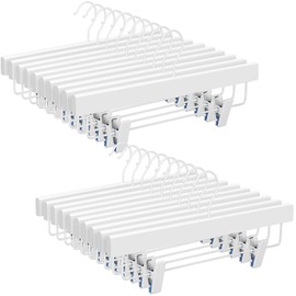 TOPIA HANGER Lotus Wood Pants Hangers, Skirt Short Bridal Trousers Slacks Hangers with 2 Premium Adjustable White Metal Clips with Rubber Stopper Padded 360° Swivel White Hook 20 Pack, CT55W20