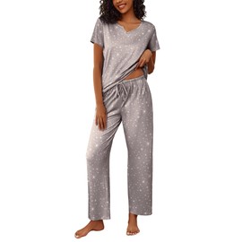 Ekouaer 2 Piece Womens Pajamas Short Sleeve Top and Long Pants Pjs Set Printed Sleepwear with Pocket Grey Stars X-Large