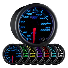 GlowShift Black 7 Color 200 PSI Mechanical Air Pressure Gauge - for Air Ride Suspension Systems - Black Dial - Clear Lens - 2-1/16" 52mm