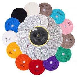15 Pack 4 Inch Diamond Polishing Pads with 5/8 to 11 Backing Pad, 11 Wet/Dry Diamond Sanding Pads 50-8000 Pads