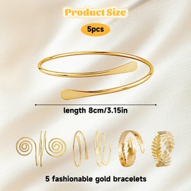 XLTXWD 5Pcs Arm Cuff, Gold Arm Cuff, Elegant Gold Bangles with Feather and Leaf Designs, Adjustable Open Arm Bracelets for Women Fashion Jewelry for Parties and Daily Wear