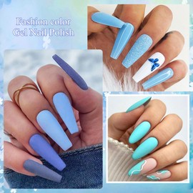 MEET ACROSS Gel Nail Polish Set, 8PCS Blue Gel Nail Polish Kit, Soak Off UV/LED Nail Polish Nail Art Design Salon Home Gifts for Women