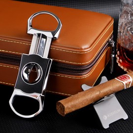 KEENSUN Zinc Alloy V-Cut Cigar Cutter (Silver and Black CNC Engraved Diamond Finish), 60 Ring Gauge, Stainless Steel Cut Blade 2 Pack Set with Gift Box (Cigar Cutter and Stainless Steel Cigar Holder)
