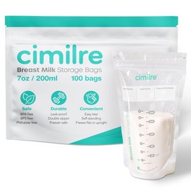 Breast Milk Storage Bags by Cimilre, Leak-Proof Breastmilk Storage Bags, Freeze Flat or Standing, 7 oz. Bags (100 Pack)