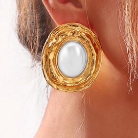 Vintage Pearl Earrings for Women Exaggerated Gold Chunky Oval Pearl Drop Earrings Geometric Textured Circle Statement Earrings Trendy Jewelry Gifts (Gold)