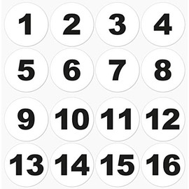 60mm Round Vinyl Number Stickers No.1-16 Black/White