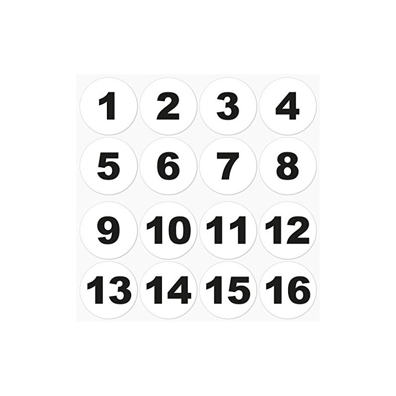 60mm Round Vinyl Number Stickers No.1-16 Black/White