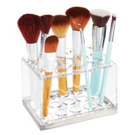 mDesign Plastic Makeup Brush Storage Organizer with 15 Slots for Bathroom Countertop, Vanity to Hold Eye/Lip Pencils, Lip Gloss, Liners, Lipstick - Clear/Brushed