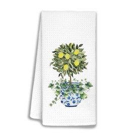 Funny Lemon Tree Chinoiserie Decor Kitchen Towels, Lemon Dish Towels, Blue and White Porcelain Kitchen Towels Decor,Floral Kitchen Towels, Watercolor Green Topiary Trees Bathroom Kitchen Decor,