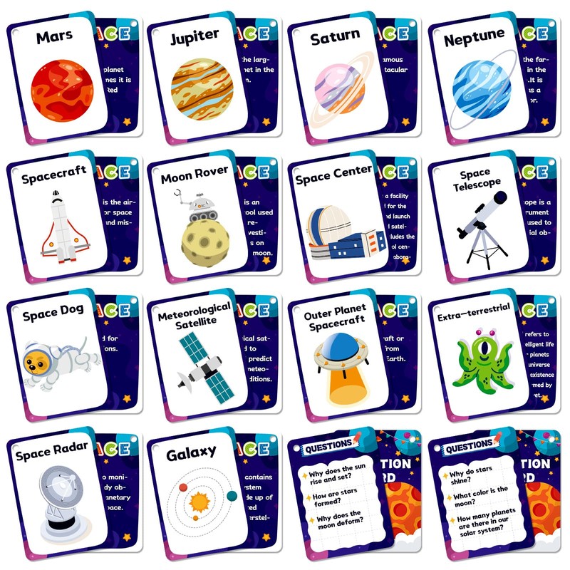 34PCS Outer Space Cognitive Flash Cards,Cognitive Pictures Flashcards for Space