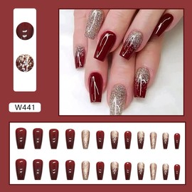 24 Pcs Cherry Red Press on Nails Medium Square - WLGDLH Fake Nails Long Coffin False Nails Press ons Full Cover Nail Tips with Gold Glitter Design Acrylic Nail Kit Stick on Nails for Women Manicure