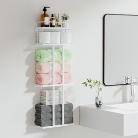 BUTUNITA White Towel Rack for Bathroom, Metal Towel Holder for Bathroom Storage Rack with Shelf, 3-Tier Wall-Mounted Towel Organizer - Holds Rolled Towels