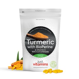 Just Vitamins Just Vitamins High Strength Turmeric 12,500mg with Black Pepper BioPerine? & Vitamin C Tablets x120, Joint, Inflammation & Immune Support | UK Made, Non-GMO, No Additives