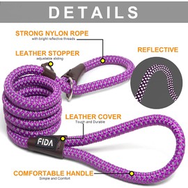 Fida Slip Lead, Dog Lead, 1.8 m, One Size, Slip On No Collar or Harness Needed, Durable and Weather Resistant Climbing Rope with Reflective Stitching (Purple/S)
