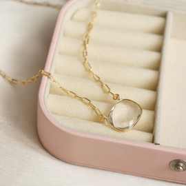 Gempires Clear Quartz Necklace, Crystal Clear Pendant, Bezel Necklace, April Birthstone, Hypoallergenic 14k Gold Plating, Gift for s, Cushion Cut Pendant With 18 Inch Paper Clip Chain