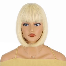 Hanaoops Women's Short Bob Wig with Fringe 30 cm Natural Straight Wigs Colourful Synthetic Hair Wigs for Carnival Cosplay Theme Party Daily Use (Blonde)