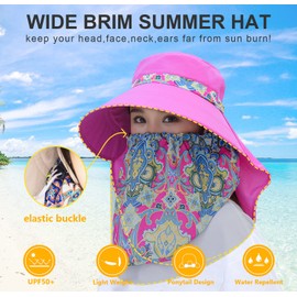 Women Sun Protection Hat Ponytail Neck Face Flap Cover Garden Summer Hats Travel Outdoor Fishing Visor Cap Chin Cord Sports M9099-hot-pink