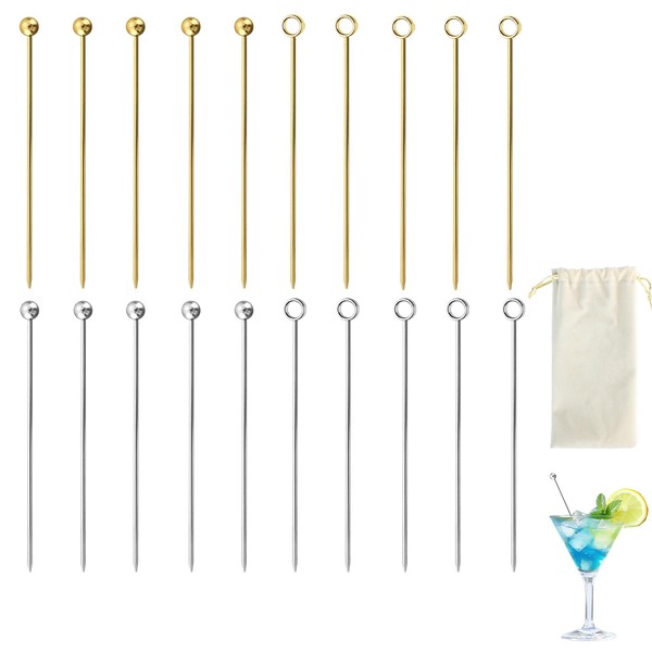 Fidqiog 20 Pcs Stainless Steel Cocktail Shaker Toothpicks, 2 Colors