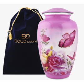 BOLD & DIVINE Butterfly Theme Cremation Urns | Decorative Urns for Human Ashes of Female & Male, Urns for Ashes, Funeral Urns (Pink, Large)
