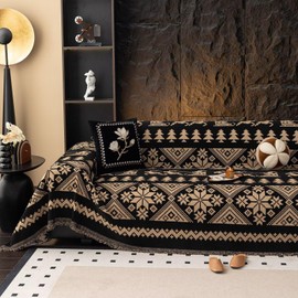 VClife Boho Couch Cover for Sofa, Anti Slip Chenille Sofa Cover for Sectional Sofa - 1 Piece Black Khaki Geometry Jacquard Sofa Slipcover, Pet-Friendly Couch Cushion Cover with Tassel 71"x 134"