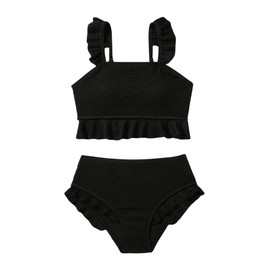 Floerns - Traje de baño de 2 piezas para niña con ribete de volantes, Negro -, 11 Años
