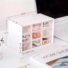 Feadily 2PCS Small Drawer Organizer for Desk, Desktop Drawer Organizer with 9 Clear Drawers, Plastic Desktop Storage Drawers 7.1" x 3 .9" x 4.7", White