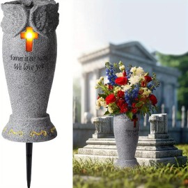 Unbranded Solar LED Cemetery Vase with Cross Light Angel Memorial Flower Holder - Cross Light
