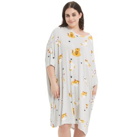 KFUBUO Plus Size Nightgowns for Women Oversized Sleep Tshirts Dress Pjs Lounge Short Sleeves Cat Sleepwear With Pocket Fit S-5XL