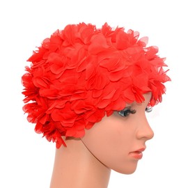 Medifier Lace Vintage Swim Cap Floral Petal Retro Style Bathing Caps for Women Rose Red