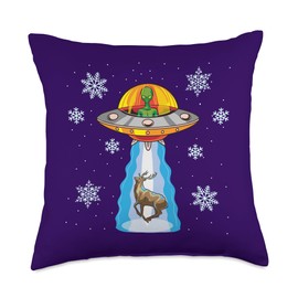 Holiday Snow Mule Deer Hunting Trip Venison Lover Funny Christmas Reindeer Abduction UFO Spaceship Alien Buck Throw Pillow, 18x18, Multicolor