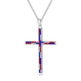 MUYUU American Flag Cross Necklace, Silver Plated Patriotic Cross Pendant Crystal Pendant Chain for Men Religious Jewelry, 20 Inches
