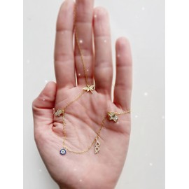 LUCKY NECKLACE with Elephant, Angel, Evil Eye, Hand of Fatima and DragonFly. 18k Gold Plated Sterling Silver JEWELRY. Elegant and Sophisticated meaningful gift