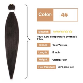 Dark Brown Braiding Hair Pre Stretched 18 Inch 3 Packs 4# Pre-stretched Braiding Hair EZ Braid Synthetic Hair Extensions for Crochet Box Braids