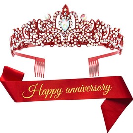 Happy Anniversary Party Supplies Kits Wedding Anniversary Red Crown and Sash Party Supplies Decorations Favors for Husband Wife