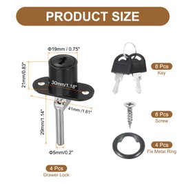 PATIKIL 4Pcs Drawer Lock with Keys, 19mm(3/4") File Cabinet Lock Keyed Different Alloy Lock Cylinder Desk Locks for Office Wardrobe Locker Showcase, Black