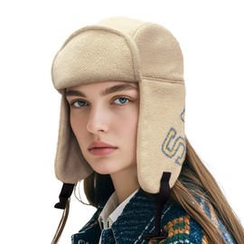 Clakllie Polar Fleece Trapper Hat Winter Trooper Hats for Ski Warm Russian Eskimo Hats Thermal Aviator Ushanka Hat,PL2402-Beige