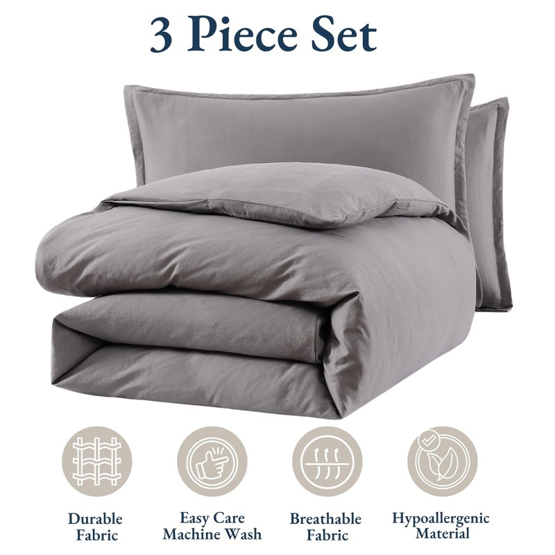 LANE LINEN Single Duvet Cover Set Grey - Pre Washed