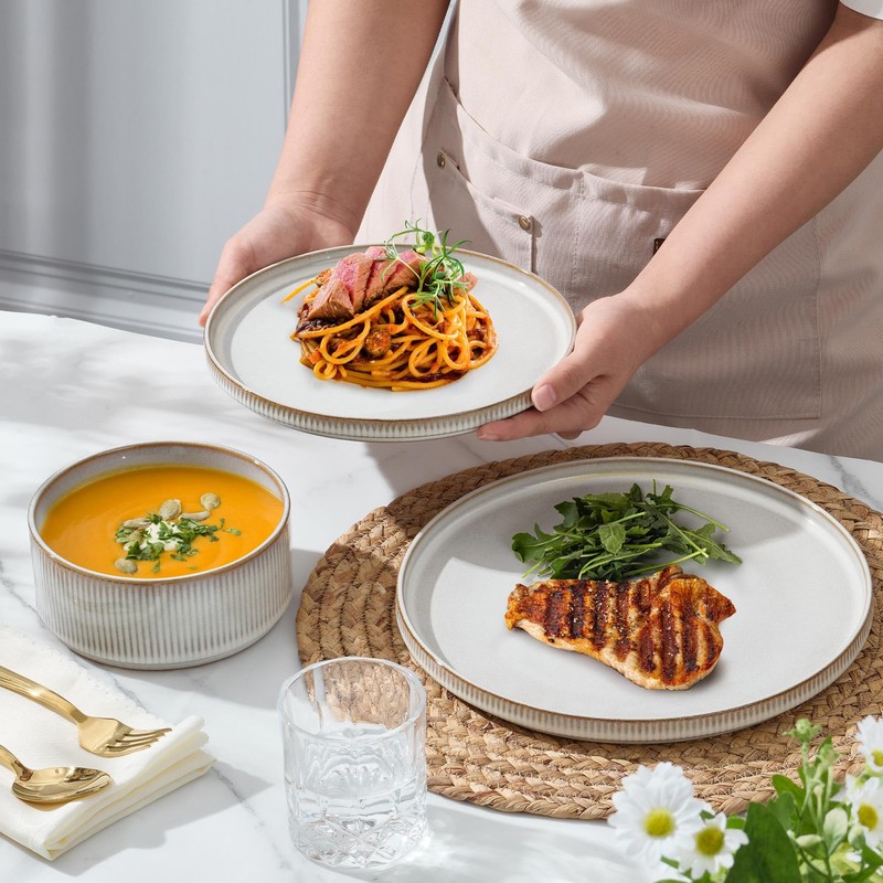 E-far Stoneware Dinnerware Sets, 18-Pieces Modern Plates and Bowls Sets,