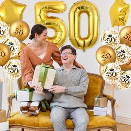 50th Birthday Balloons Gold for Men Women 50th Birthday Decorations with Large Foil Number 50 Balloons Latex Confetti Balloons Gold Star Balloons Set for 50th Birthday Anniversary Party Supplies