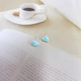 Cute Mint Green Enamel Heart Tiny Small Stud Earrings for Women Dainty Minimalist 925 Sterling Silver Hearted Love Mini Little Cartilage Tragus Studs Hypoallergenic for Sensitive Ear Fashion Jewelry